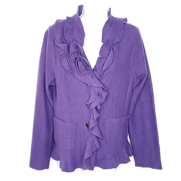 Marisa Christina Wool Cardigan Purple Sweater Sz M Ruffles 3D Flowers - Picture 1 of 4
